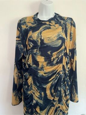 Fashion Nova Mustard and Black Swirl Ruched Dress